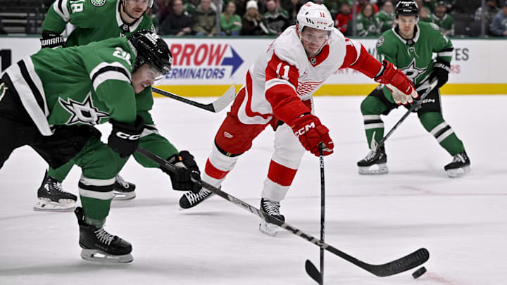 Jan 19, 2025; Dallas, Texas, USA; Dallas Stars right wing Matej Blumel (25) pokes the puck away from Detroit Red Wings right wing Vladimir Tarasenko (11) during the first period at the American Airlines Center. Mandatory Credit: Jerome Miron-Imagn Images