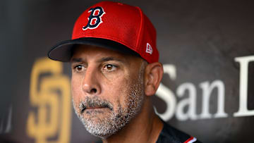 Boston Red Sox manager Alex Cora watches a game against the San Diego Padres.