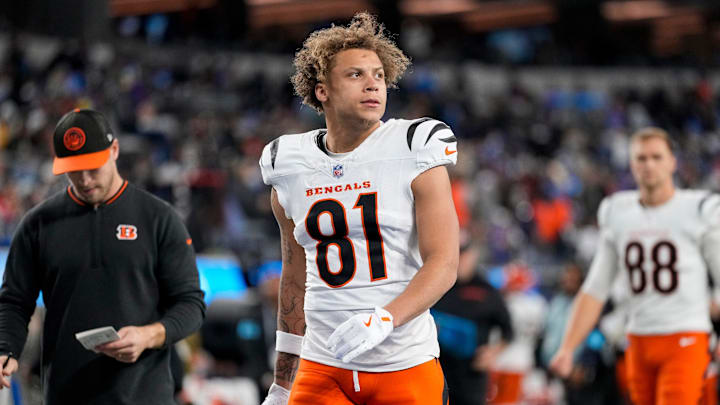 Cincinnati Bengals wide receiver Jermaine Burton (81) walks for the locker room at halftime of the NFL Week 11 game between the Los Angeles Chargers and the Cincinnati Bengals at SoFi Stadium in Inglewood, Calif., on Sunday, Nov. 17, 2024. The Chargers led 24-6 at halftime.