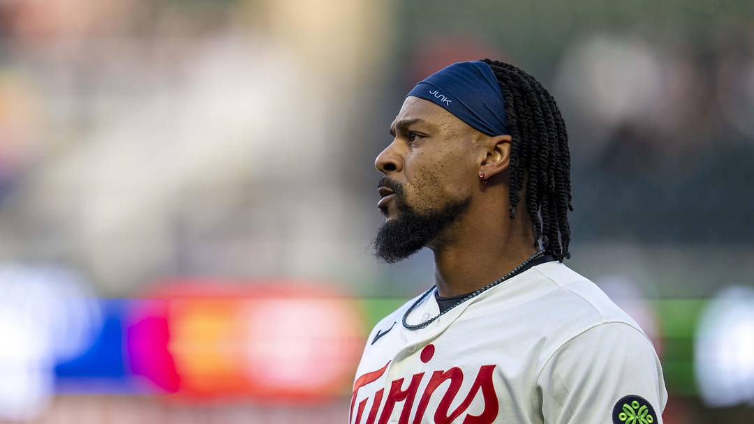 May 12, 2026; Minneapolis, Minnesota, USA; Minnesota Twins center fielder Byron Buxton (25) looks on against the Miami Marlins in the fifth inning at Target Field. Mandatory Credit: Jesse Johnson-Imagn Images