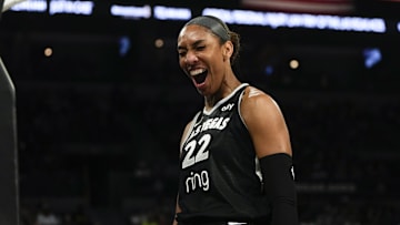 Aug 8, 2025; Las Vegas, Nevada, USA; Las Vegas Aces center A'ja Wilson (22) reacts after scoring against the Seattle Storm during the first half of a WNBA basketball game at Michelob Ultra Arena. Mandatory Credit: Lucas Peltier-Imagn Images