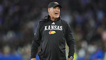 Sep 13, 2024; Kansas City, Kansas, USA; Kansas Jayhawks head coach Lance Leipold reacts during the second half against the UNLV Rebels at Children's Mercy Park. Mandatory Credit: Jay Biggerstaff-Imagn Images