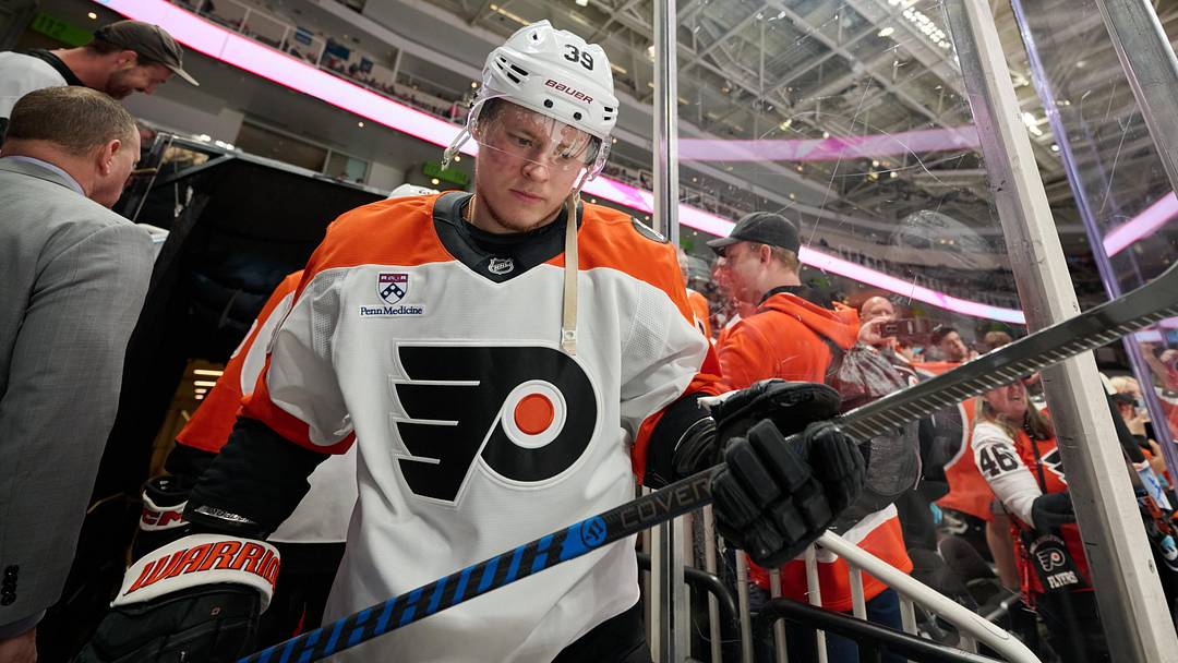 Mar 21, 2026; San Jose, California, USA; Philadelphia Flyers right wing Matvei Michkov (39) walks to the ice for warmups before the game against the San Jose Sharks at SAP Center at San Jose. Mandatory Credit: Robert Edwards-Imagn Images