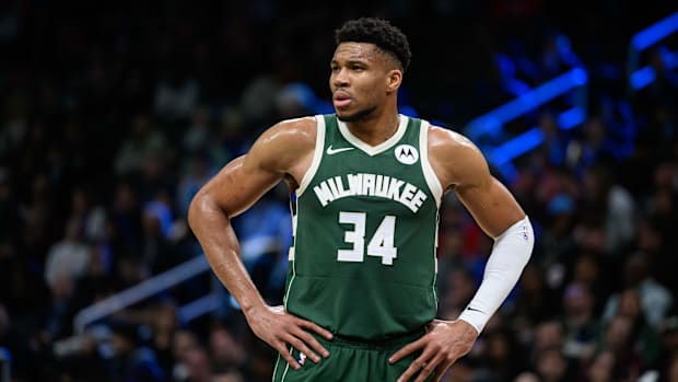 Milwaukee Bucks forward Giannis Antetokounmpo (34) looks on against the Washington Wizards during the 2023-24 season.