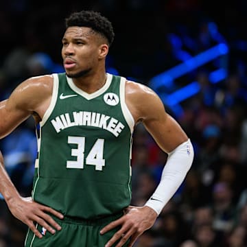 Milwaukee Bucks forward Giannis Antetokounmpo (34) looks on during the first quarter against the Washington Wizards at Capital One Arena. 