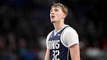 Dec 12, 2025; Dallas, Texas, USA; Dallas Mavericks forward Cooper Flagg (32) looks on during the second half against the Brooklyn Nets at the American Airlines Center. Mandatory Credit: Jerome Miron-Imagn Images
