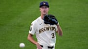 Jacob Misiorowski warms up before a game against the Dodgers.