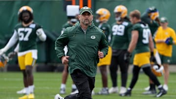 Jun 11, 2024; Green Bay, WI, USA; Green Bay Packers linebackers and running game coordinator Anthony Campanile runs during minicamp. Mandatory Credit: Mark Hoffman-Imagn Images
