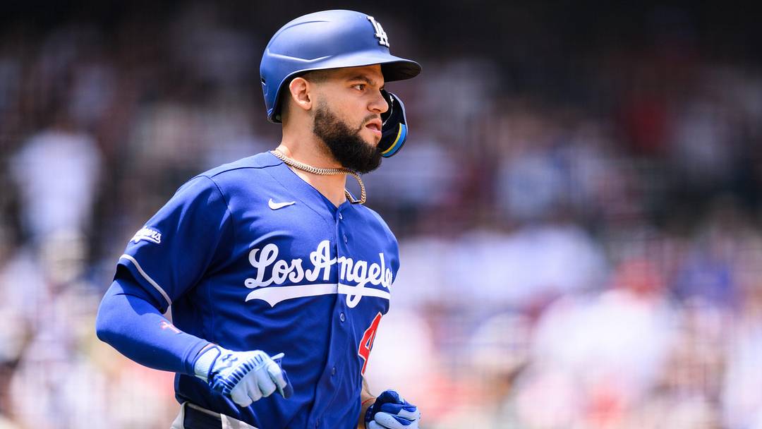 May 17, 2026; Anaheim, California, USA; Los Angeles Dodgers center fielder Andy Pages (44) runs during the third inning against the Los Angeles Angels at Angel Stadium. Mandatory Credit: William Liang-Imagn Images
