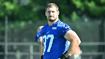 Jul 23, 2025; Rochester, NY, USA; Buffalo Bills defensive end Joey Bosa (97) warms up during training camp at St. John Fisher University. Mandatory Credit: Mark Konezny-Imagn Images