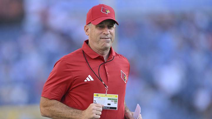 Sep 6, 2026; Nashville, Tennessee, USA;  Louisville Cardinals head coach Jeff Brohm on the field prior to a game against the Mississippi Rebels at Nissan Stadium.  Mandatory Credit: Steve Roberts-Imagn Images