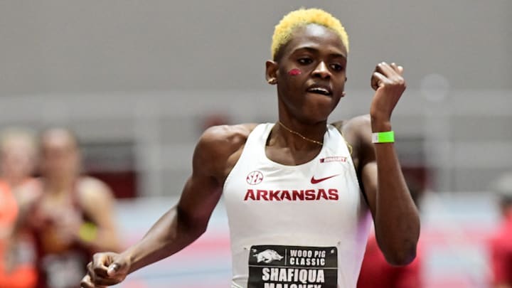 Arkansas Razorbacks Shafiqua Maloney at the Woo Pig Classic meet at the Tyson Center in Fayetteville, Ark.