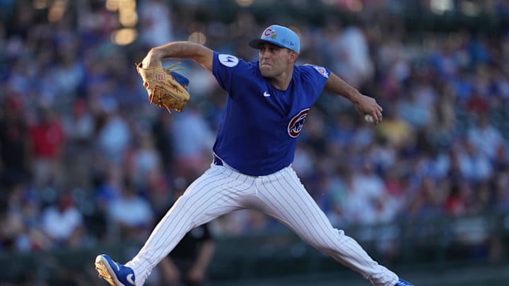 Mar 20, 2026; Mesa, Arizona, USA; Chicago Cubs pitcher Matthew Boyd (16) throws against the Cincinnati Reds in the first inning at Sloan Park. Mandatory Credit: Rick Scuteri-Imagn Images