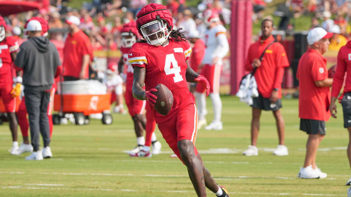 Jul 26, 2024; Kansas City, MO, USA; Kansas City Chiefs wide receiver Rashee Rice (4) runs the ball during training camp at Missouri Western State University. Mandatory Credit: Denny Medley-USA TODAY Sports