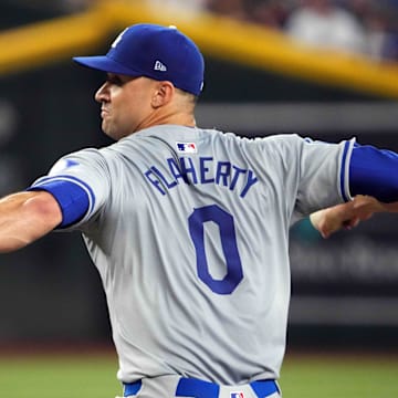 Sep 2, 2024; Phoenix, Arizona, USA; Los Angeles Dodgers pitcher Jack Flaherty (0) pitches during the first inning at Chase Field. 