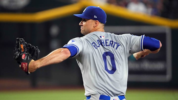 Sep 2, 2024; Phoenix, Arizona, USA; Los Angeles Dodgers pitcher Jack Flaherty (0) pitches during the first inning at Chase Field. 