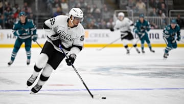 Oct 29, 2024; San Jose, California, USA; Los Angeles Kings right wing Quinton Byfield (55) controls the puck  Sharks during the second period at SAP Center at San Jose. Mandatory Credit: Eakin Howard-Imagn Images