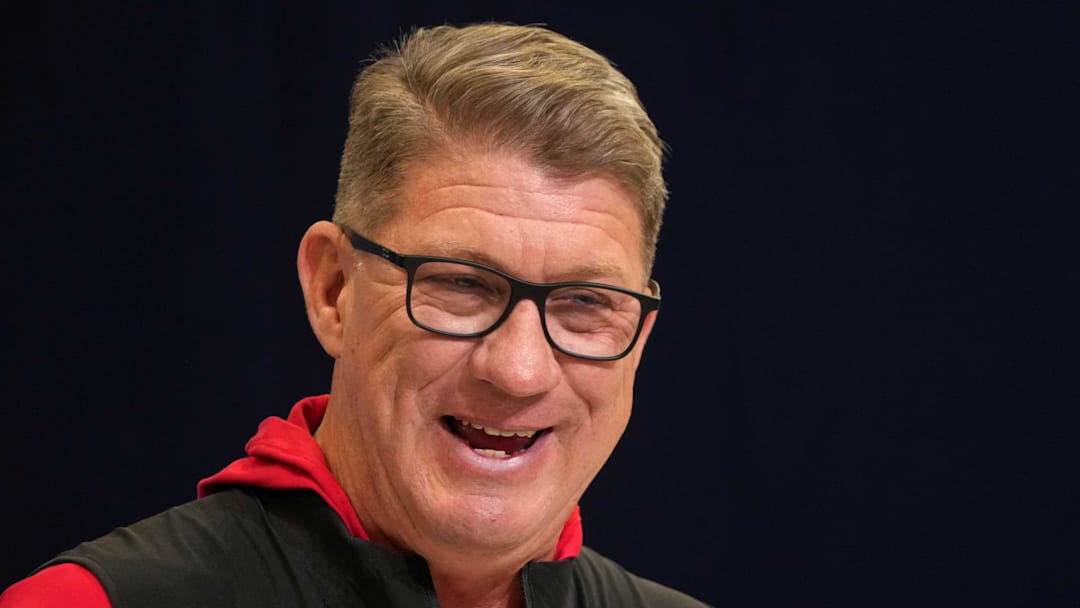 Feb 25, 2025; Indianapolis, IN, USA; Tampa Bay Buccaneers general manager Jason Licht speaks during the NFL Scouting Combine at the Indiana Convention Center. Mandatory Credit: Kirby Lee-Imagn Images