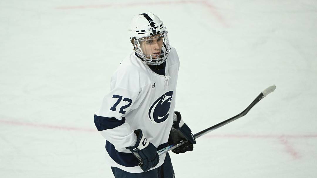 Oct 10, 2025; University Park, PA, USA; Penn State Nittany Lions forward Gavin McKenna (72) skates against the Clarkson Golden Knights during the second period at Pegula Ice Arena. Mandatory Credit: Barry Reeger-Imagn Images