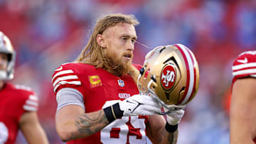 Dec 30, 2024; Santa Clara, California, USA; San Francisco 49ers tight end George Kittle (85) warms up before the game against the Detroit Lions at Levi's Stadium. Mandatory Credit: Sergio Estrada-Imagn Images