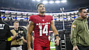Nov 3, 2025; Arlington, Texas, USA; Arizona Cardinals wide receiver Michael Wilson (14) walks off the field after the game between the Dallas Cowboys and the Arizona Cardinals at AT&T Stadium. Mandatory Credit: Jerome Miron-Imagn Images