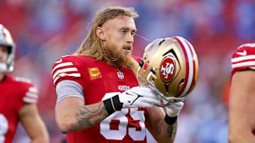 Dec 30, 2024; Santa Clara, California, USA; San Francisco 49ers tight end George Kittle (85) warms up before the game against the Detroit Lions at Levi's Stadium.