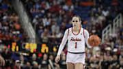 Mar 9, 2024; Greensboro, NC, USA; Virginia Tech Hokies guard Carleigh Wenzel (1) brings the ball up court in the first half against the Notre Dame Fighting Irish at Greensboro Coliseum. Mandatory Credit: David Yeazell-Imagn Images