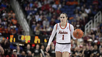 Mar 9, 2024; Greensboro, NC, USA; Virginia Tech Hokies guard Carleigh Wenzel (1) brings the ball up court in the first half against the Notre Dame Fighting Irish at Greensboro Coliseum. Mandatory Credit: David Yeazell-Imagn Images
