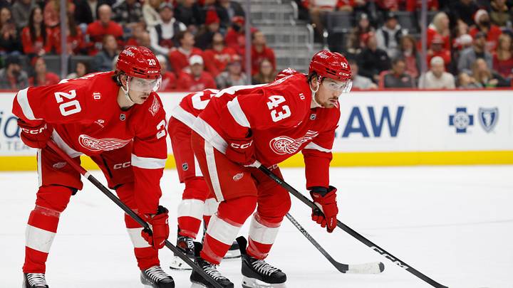 Dec 23, 2025; Detroit, Michigan, USA;  Detroit Red Wings defenseman Albert Johansson (20) and left wing John Leonard (43) gets set during a face off in the first period against the Dallas Stars at Little Caesars Arena. Mandatory Credit: Rick Osentoski-Imagn Images