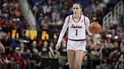 Mar 9, 2024; Greensboro, NC, USA; Virginia Tech Hokies guard Carleigh Wenzel (1) brings the ball up court in the first half against the Notre Dame Fighting Irish at Greensboro Coliseum. Mandatory Credit: David Yeazell-Imagn Images