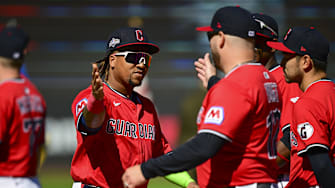 Sep 30, 2025; Cleveland, Ohio, USA; Cleveland Guardians third base Jose Ramírez (11) greets manager Stephen Vogt while being introduced before game one of the Wildcard round for the 2025 MLB playoffs against the Detroit Tigers at Progressive Field. Mandatory Credit: David Dermer-Imagn Images