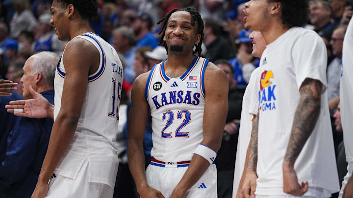 Jan 13, 2026; Lawrence, Kansas, USA; Kansas Jayhawks guard Darryn Peterson (22) reacts during the second half against the Iowa State Cyclones at Allen Fieldhouse. Mandatory Credit: Jay Biggerstaff-Imagn Images