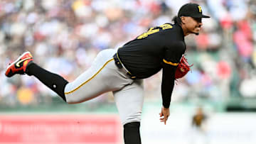 Aug 30, 2025; Boston, Massachusetts, USA; Pittsburgh Pirates starting pitcher Johan Oviedo (24) pitches against the Boston Red Sox during the first inning at Fenway Park. Mandatory Credit: Brian Fluharty-Imagn Images