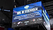 Nov 16, 2023; Stockholm, SWEDEN; General view of the scoreboard during a Global Series NHL hockey game between the Detroit Red Wings and the Ottawa Senators at Avicii Arena. Mandatory Credit: Per Haljestam-Imagn Images