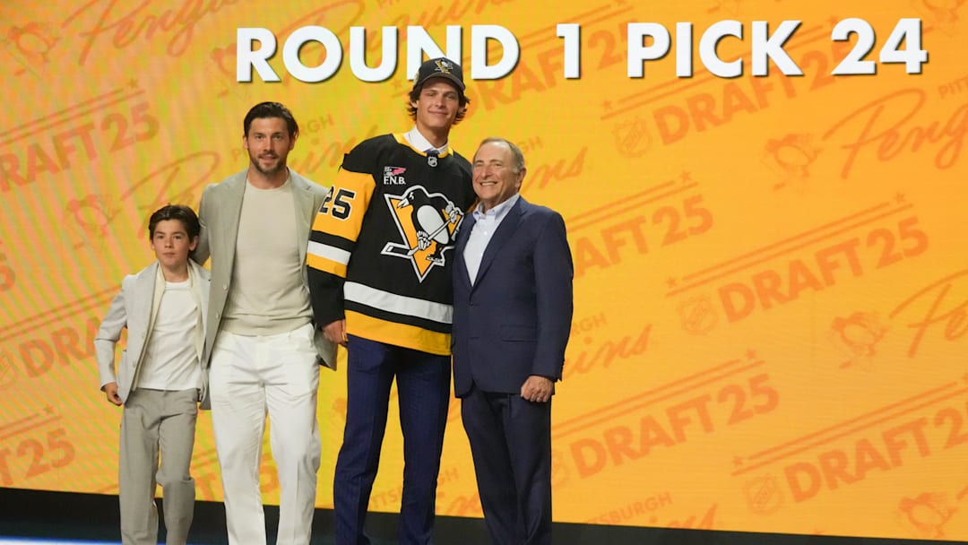 Jun 27, 2025; Los Angeles, California, USA; William Horcoff is selected as the 24th overall pick to the Pittsburgh Penguins in the first round of the 2025 NHL Draft at Peacock Theater. Mandatory Credit: Kirby Lee-Imagn Images