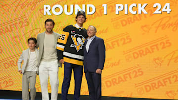 Jun 27, 2025; Los Angeles, California, USA; William Horcoff is selected as the 24th overall pick to the Pittsburgh Penguins in the first round of the 2025 NHL Draft at Peacock Theater. Mandatory Credit: Kirby Lee-Imagn Images