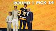 Jun 27, 2025; Los Angeles, California, USA; William Horcoff is selected as the 24th overall pick to the Pittsburgh Penguins in the first round of the 2025 NHL Draft at Peacock Theater. Mandatory Credit: Kirby Lee-Imagn Images