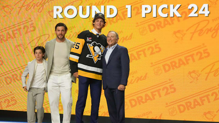Jun 27, 2025; Los Angeles, California, USA; William Horcoff is selected as the 24th overall pick to the Pittsburgh Penguins in the first round of the 2025 NHL Draft at Peacock Theater. Mandatory Credit: Kirby Lee-Imagn Images Jun 27, 2025; Los Angeles, California, USA; William Horcoff is selected as the 24th overall pick to the Pittsburgh Penguins in the first round of the 2025 NHL Draft at Peacock Theater. Mandatory Credit: Kirby Lee-Imagn Images