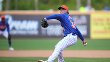 Mar 23, 2024; Port St. Lucie, Florida, USA;  New York Mets pitcher Trey McLoughlin (32) pitches in the eighth inning against the Houston Astros at Clover Park. Mandatory Credit: Jim Rassol-Imagn Images
