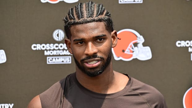 Jun 10, 2025; Berea, OH, USA; Cleveland Browns quarterback Shedeur Sanders (12) talk to the media during minicamp at CrossCou