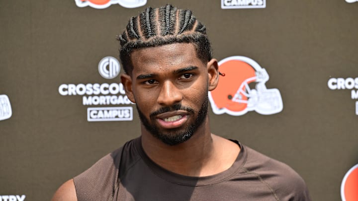 Jun 10, 2025; Berea, OH, USA; Cleveland Browns quarterback Shedeur Sanders (12) talk to the media during minicamp at CrossCountry Mortgage Campus. Mandatory Credit: Ken Blaze-Imagn Images