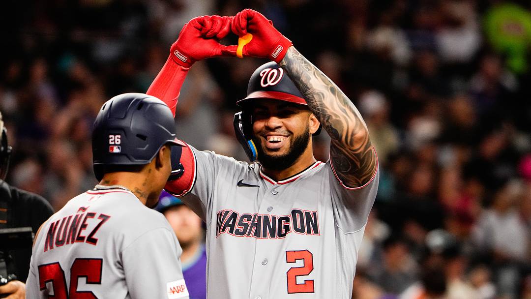 Jun 5, 2026; Phoenix, Arizona, USA; Washington Nationals first baseman Luis García Jr. (2) celebrates after crossing the plate during the sixth inning at Chase Field against the Arizona Diamondbacks. Mandatory Credit: Arianna Grainey-Imagn Images