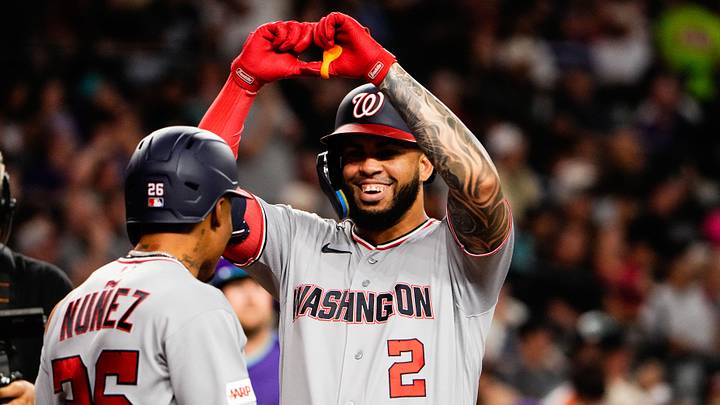 Jun 5, 2026; Phoenix, Arizona, USA; Washington Nationals first baseman Luis García Jr. (2) celebrates after crossing the plate during the sixth inning at Chase Field against the Arizona Diamondbacks. Mandatory Credit: Arianna Grainey-Imagn Images