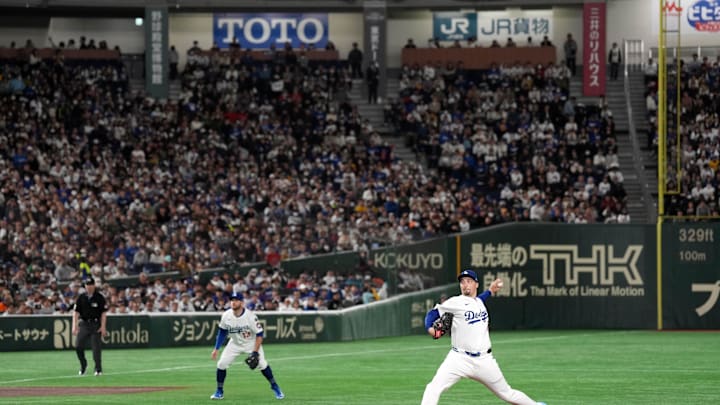 Mar 16, 2025; Bunkyo, Tokyo, Japan; Los Angeles Dodgers starting pitcher Blake Snell (7) throws a pitch against the Chicago Cubs during the fourth inning at Tokyo Dome. Mandatory Credit: Darren Yamashita-Imagn Images Mar 16, 2025; Bunkyo, Tokyo, Japan; Los Angeles Dodgers starting pitcher Blake Snell (7) throws a pitch against the Chicago Cubs during the fourth inning at Tokyo Dome. Mandatory Credit: Darren Yamashita-Imagn Images