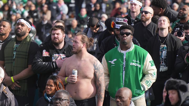 Philadelphia Eagles players including Jordan Mailata, Landon Dickerson and Jordan Davis during Super Bowl LIX title parade