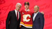 Jun 27, 2025; Los Angeles, California, USA; Cullen Potter is selected as the 32nd overall pick to the Calgary Flames in the first round of the 2025 NHL Draft at Peacock Theater. 