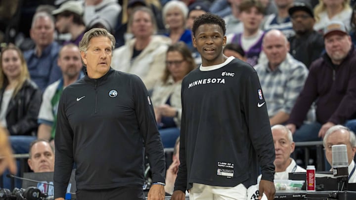 Minnesota Timberwolves head coach Chris Finch and Minnesota Timberwolves guard Anthony Edwards looks on during the second half against the San Antonio Spurs. Minnesota Timberwolves head coach Chris Finch and Minnesota Timberwolves guard Anthony Edwards looks on during the second half against the San Antonio Spurs.