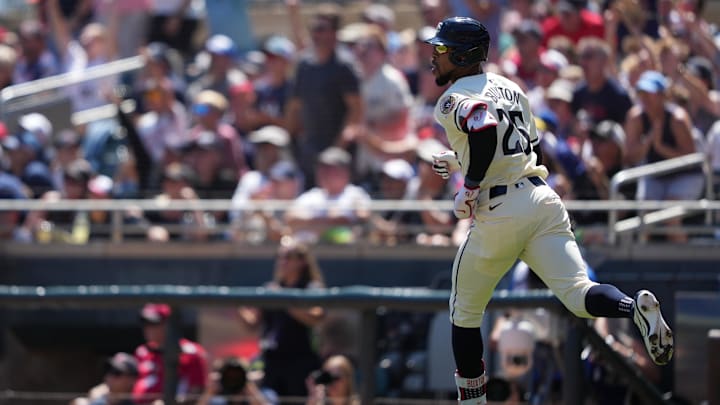 Minnesota Twins center fielder Byron Buxton (25) hits a solo home run during the second inning against the Cleveland Guardians at Target Field in Minneapolis on Aug. 11, 2024.