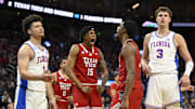 Mar 29, 2025; San Francisco, CA, USA; Texas Tech Red Raiders guard Kevin Overton (1) and forward JT Toppin (15) react during the second half against the Florida Gators during the West Regional final of the 2025 NCAA tournament at Chase Center. Mandatory Credit: Eakin Howard-Imagn Images