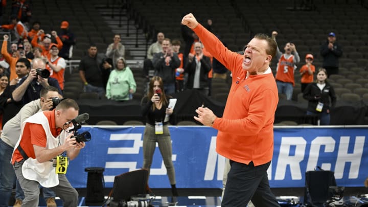 Mar 23, 2024; Omaha, NE, USA; Illinois Fighting Illini head coach Brad Underwood gestures after the game against the Duquesne Dukes in the second round of the 2024 NCAA Tournament at CHI Health Center Omaha. Mandatory Credit: Steven Branscombe-USA TODAY Sports